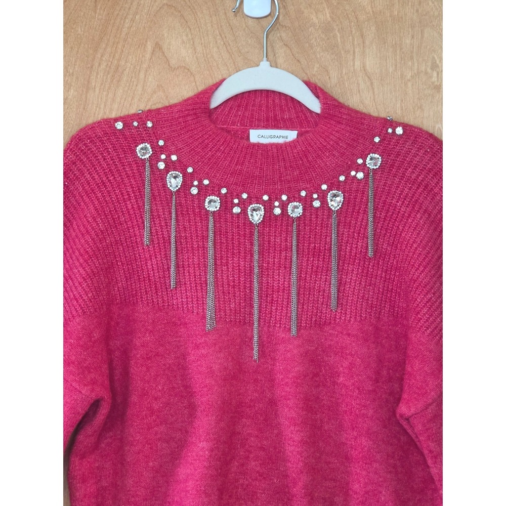 Calligraphie Rhinestone Fringe Sweater Womens Large Fuchsia Jeweled Holiday